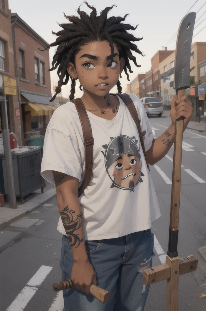 16 year old with very loose street style clothes and white skin, short black dreads in hair and holding an ax with wooden handle, teeth split down the middle and a little chubby with just a tattoo on her left arm, in a city, with a small scar on the chin