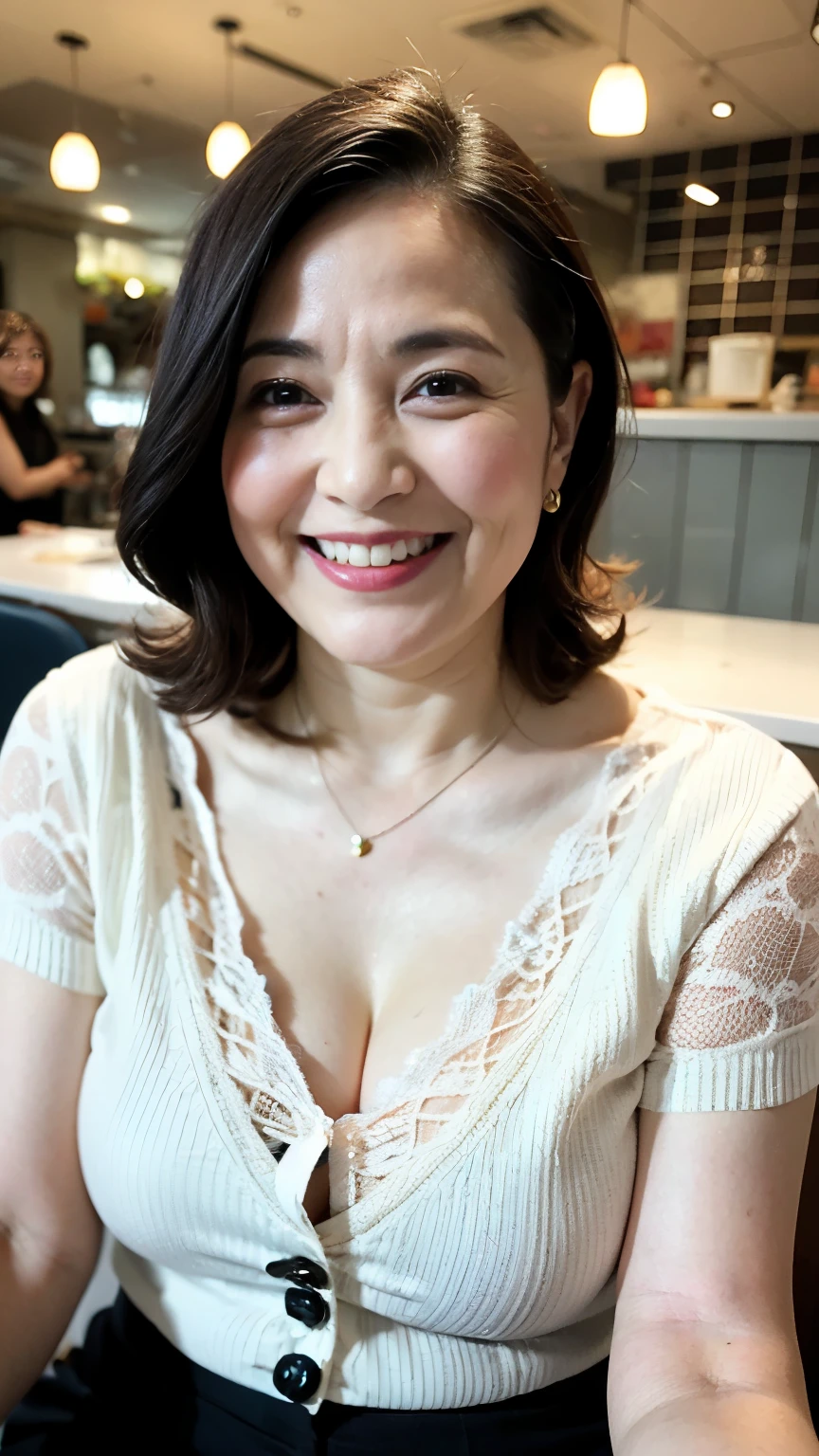 8k wallpaper, masterpiece, Highest quality, Super detailed, One Mature Woman, 50 years old, Become very clear, Wearing a short-sleeved knit, Skin dents, Captivating smile, Looking at the audience, Cleavage, plump, Curvaceous, Fascinating face, Smiling with teeth showing, I was happy, Sitting in a cafe, Background Blur