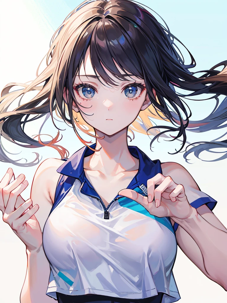 masterpiece, high-quality, a young woman, playing tennis, wearing tennis wear, perfect face, perfect hands