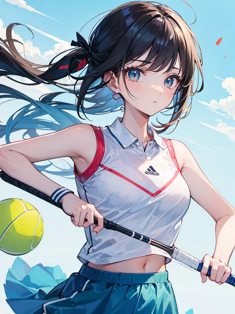 masterpiece, high-quality, a young woman, playing tennis, wearing tennis wear, perfect face, perfect hands