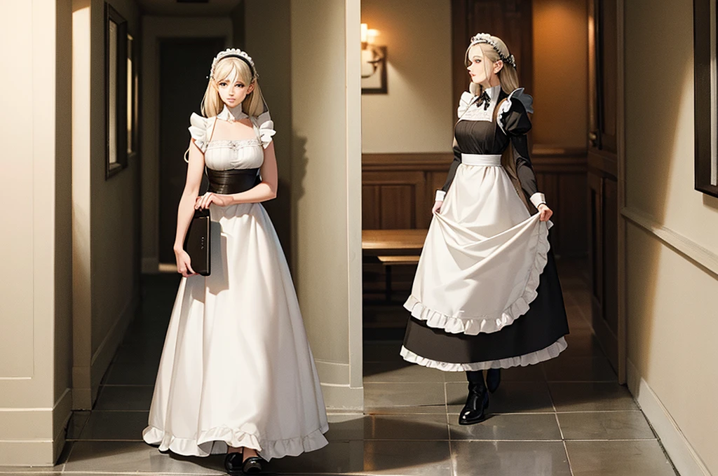 Maid walking down the hallway, carrying a tray to her mistress, era Lord of the Rings.