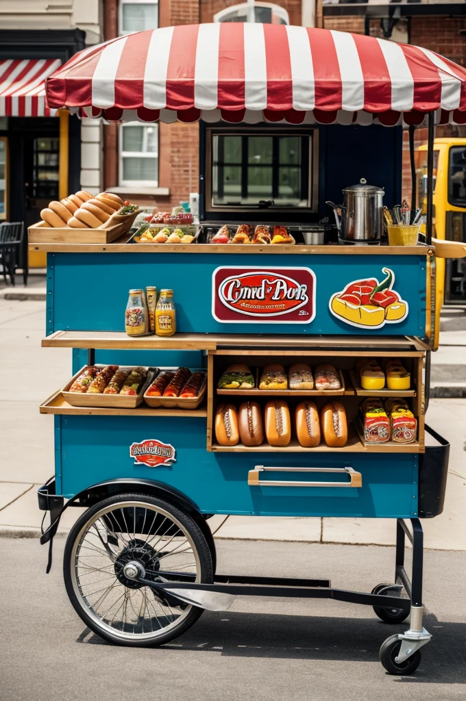 A hot dog cart with the title the corner of flavor 