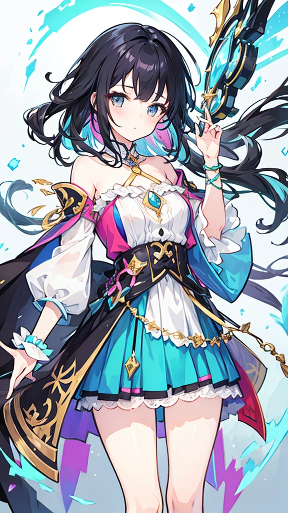 fantasy world girl with colorful hair, accessories, detailed clothes, black hair
