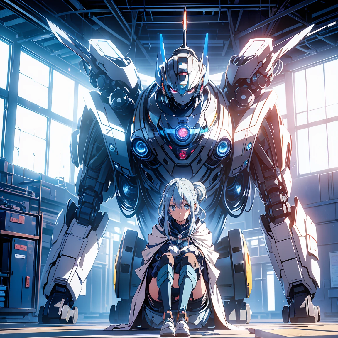 Anime, 2 characters, (1 teenage anime girl, silvery blue hair, bright blue star-shaped eyes); (1 Robot, Humanoid, Cape, Luminous Eyes, Rugged, Fantasy, Lights, outdated, old style, dark blue, bronze), Room with window, sitting
