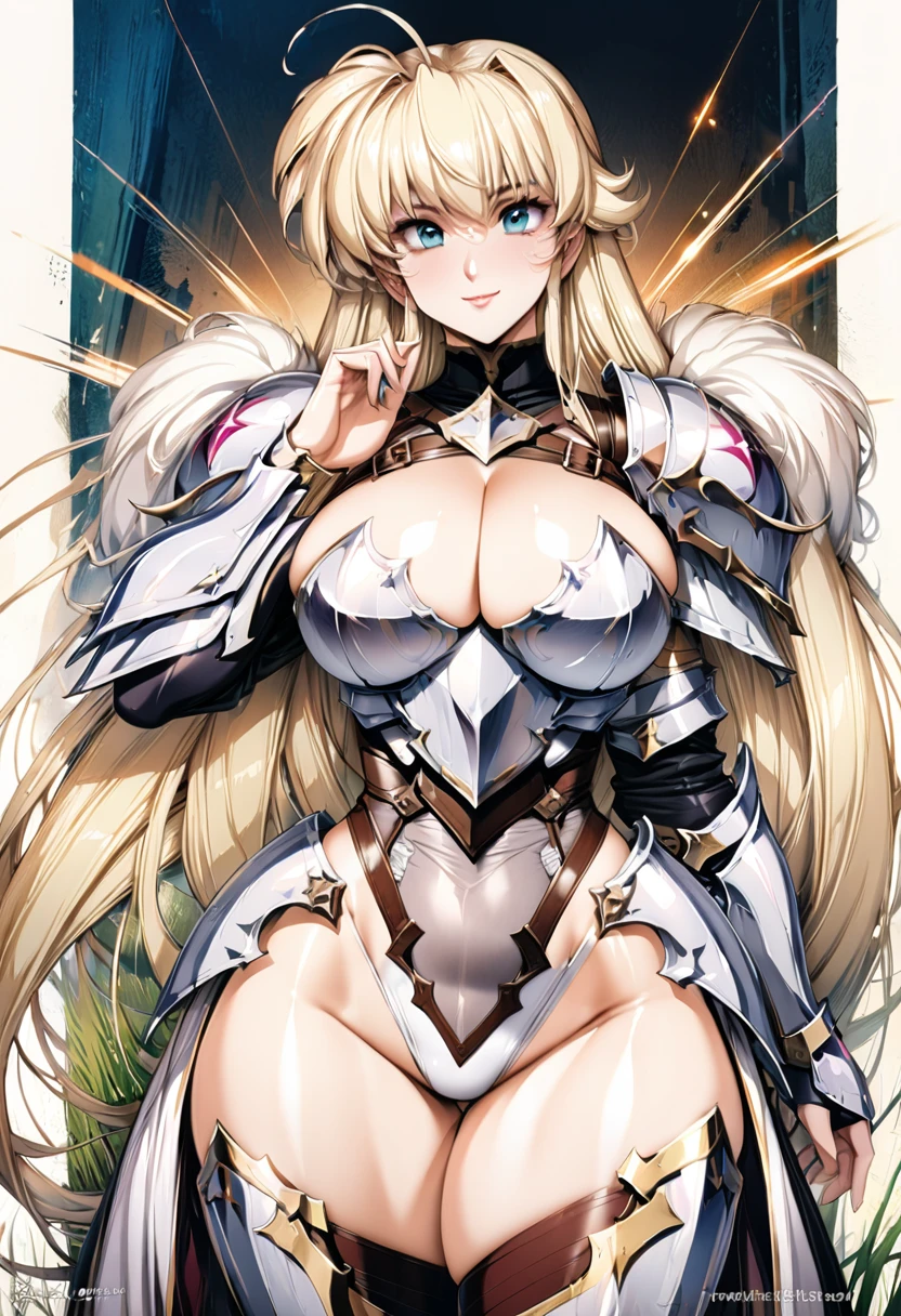((highest quality)), ((masterpiece)), ((hyperrealistic)), (detailed background), solo, 1girl, ((curvy: 1.2)), kawaii, smile, dark princess, ((armored dress: 1.3)), langrisser, blonde braided long hair, Ahoge, (paladin magic armor), ((Tight-fitting leotard bodysuit)), ((huge breasts)), ((arm guard gauntlet)), (metal harness breastplate), body harness, belt waist armor, ((zettai ryouiki knee socks boots)), (big butt), (cleavage cutout), (Groin), (thighs), beautiful aqua eyes, droopy eyes, perfect face, Perfect hands, perfect fingers, Blue sky and grassland, posing, elegant pose