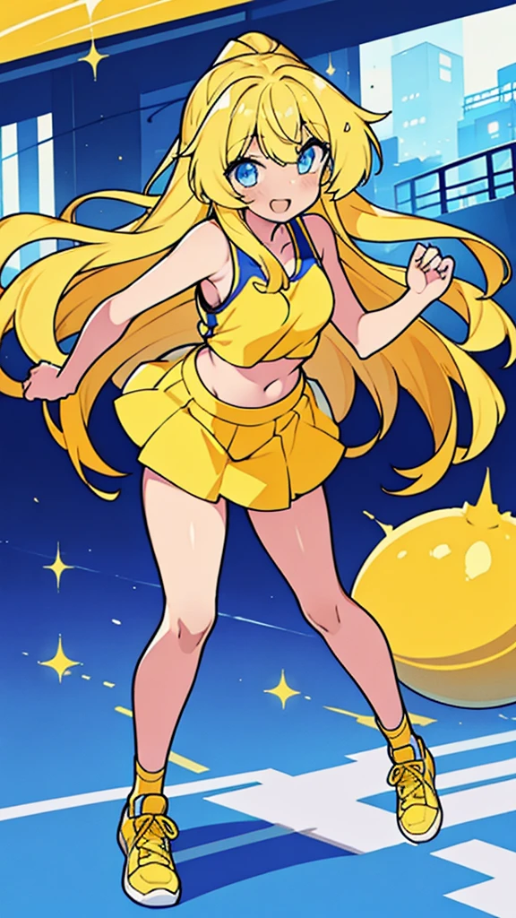 Luna Kirika, girl, long straight yellow hair, blue eyes, yellow tank top showing her stomach and part of her breasts, orange yellow mini skirt, smooth arms, smooth thighs, yellow sports shoes, smile, beautiful, feminine, sexy, background in Tokyo city in the morning.