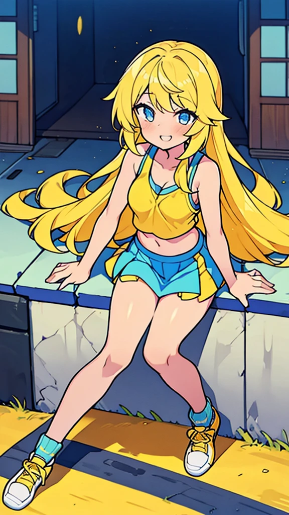 Luna Kirika, teenage girl, long straight yellow hair, blue eyes, yellow tank top showing her stomach and part of her breasts, orange yellow mini skirt, smooth arms, smooth thighs, yellow sports shoes, smile, beautiful, feminine, sexy, background in Tokyo city in the morning.