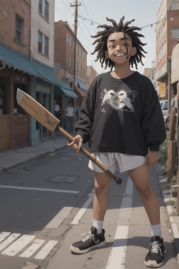 16 year old with very loose street style clothes and white skin, short black dreads in hair and holding an ax with wooden handle, a little chubby with just a tattoo on her left arm, in a city