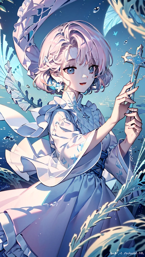 [full body: 2],((masterpiece)),(top quality),((ultra-detailed:1.5, 8k quality:1.5)),(detailed line art:1.0),perfect face, (standing pose), human, About 20 years old, (1 Female),(Light Pink Hair:1.0, Fluffy Hair;1.0, Long Hair:1.0, Half Up:1.5), (Pisces, Sea, Water Surface Imagery), light blue and light purple gradient eyes:1.0, round eyes, droopy eyes, droopy eyebrows), ((light blue Lolita dress:1.5, water surface patterned organza, sea like nautical cross-strap pinwheels, fishtail dress), (silver and gemstone decor, light blue shell like earrings ), smiling