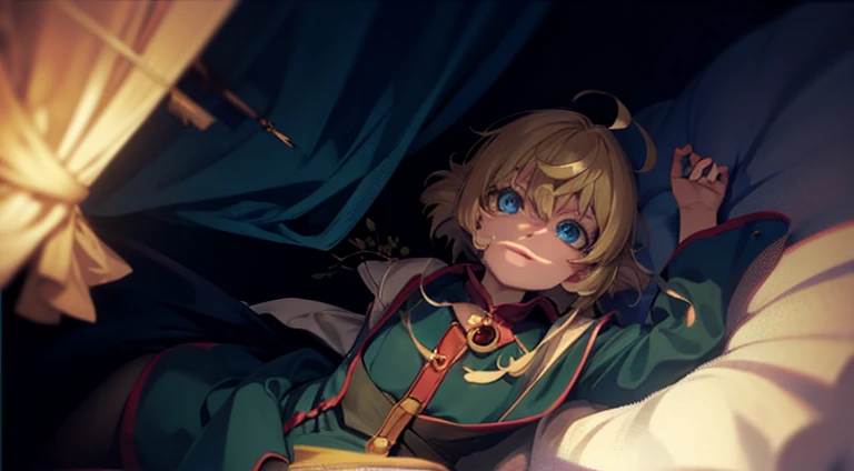 Anime character lying on bed with blue eyes and blonde hair, Anime drawing inspired by Yoshio Markino, Trending on pixiv, mingei, In the anime movie, Screenshot of the anime movie, Anime girl crouching, A shot from the anime movie, It is still an iconic anime today, The anime image is fixed, Screenshot from the anime Goro, Still from TV animation