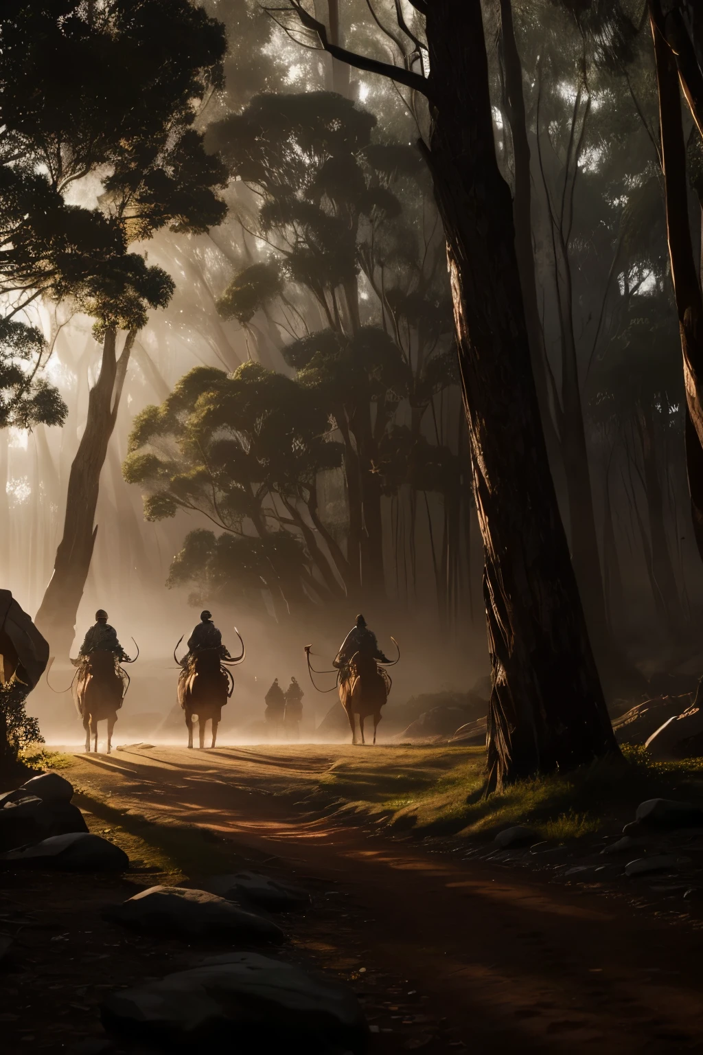 A photorealistic masterpiece, presented in 4K ultra-high definition, showcases a cinematic composition of a group of fierce Australian Aboriginal warriors. Their bodies are adorned with intricate, symbolic paint patterns that blend seamlessly with the earthy color palette of the rugged terrain. Traditional weapons and tools rest securely in their hands, a testament to their craftsmanship and culture.

Warm lighting bathes the scene, casting dramatic shadows that accentuate the warriors' powerful poses and the natural environment surrounding them. Volumetric fog hovering over the rocks and trees adds a sense of mystery and depth to the image. Each warrior's face is highly detailed,