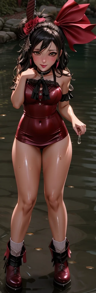 Kate Denson from Dead by Daylight, 1 Girl, Full body, Best quality, Ultra Detail, 8K, Ultra high realistic, Detailed face, Masterpiece, (Blushing:1.3), Milf, , Wet skin, Wet in miss V, Oil skin, Ahegao face, climax horny girl, Big thighs, Cropped shoulders, Choker, Mini skirt, Dark Gothic Makeup, Blade and soul, Final fantasy tyle, Wet, big thighs, beautiful breasts, body details