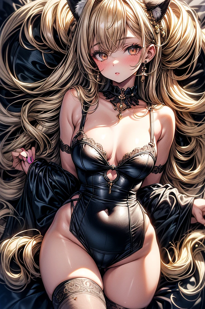 ((highest quality)),(ultra high resolution),(Super detailed),(detailed description),((best CG)),(best work of art),super precision art, great drawing art,(Art with precise details:1.5), (1 woman:1.5), beautiful and well-shaped face:1.5,(Beautiful skin with precise and detailed depiction:1.6),(Very precisely depicted French Maid outfit),provocative angle:1.6,gorgeous, masterpiece, best quality, high-resolution, finely detailed, extremely detailed and beautiful, distinct-image, 1 girl, solo, White French Maid Uniform, beautiful young age girl, 13 yarly white skin, Blonde braided ponytail hair, adorable and cute facial features, golden-brown colored eyes, Black sheer stockings plump thick lips, tiny breasts, slender and slim toned body type, tall height(180cm), small narrow waist, wide curvy hips, plump large round ass, full body picture, cat-ears, cat tail