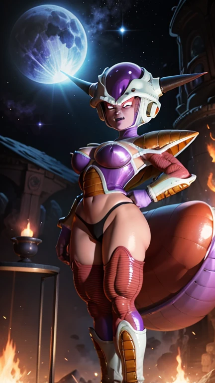 frieza(Dragon Ball Z) gender bend, flawless skin, accurate skin texture, big breasts, deep cleavage, big round ass, round Buttocks, cameltoe, wide hips, leg spread apart, her hips swaying, white skimpy armor, anime eyes dragon ball z, frieza eyes, purple nipples, laughing, frieza spaceship