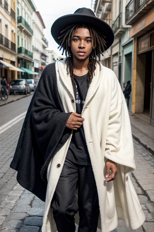 Young black man with big eyes, very fine hair and high curly hair, wearing a big blanket and a hat . he is walking on the streets of Avenida Nazaré in Belém do Pará