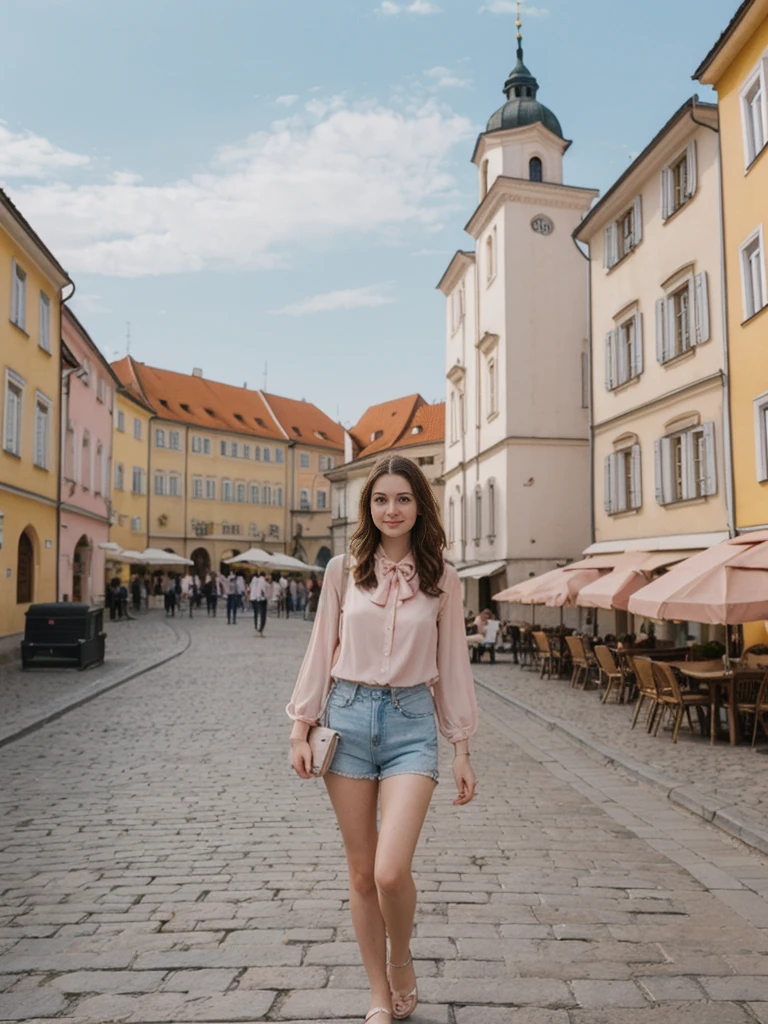 her name is Elle, high quality, 1girl, ((20-year-old fit Caucasian woman)), ((20 years old)), ((fit)), ((pale skin)), short length straight dark hair , wearingRuched Front Satin Blouse + High-Waisted Asymmetrical Skirt, pose: standing, background: Detail the romantic charm of the Charles Bridge in Prague at sunrise, with the city's spires silhouetted against the colorful sky and the Vltava River flowing below.