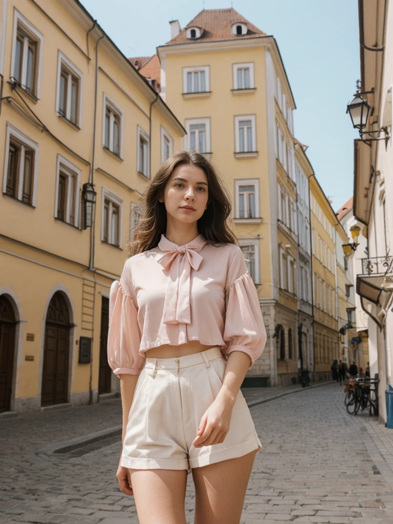 her name is Elle, high quality, 1girl, ((20-year-old fit Caucasian woman)), ((20 years old)), ((fit)), ((pale skin)), Beachy Waves dark hair , wearing Blush Pink Chiffon Bow-Tie Blouse + High-Waisted Tailored Shorts, pose: standing, background: Detail the blend of old and new in Bratislava's Old Town, with its pastel-colored buildings, medieval squares, and the futuristic UFO bridge over the Danube River.