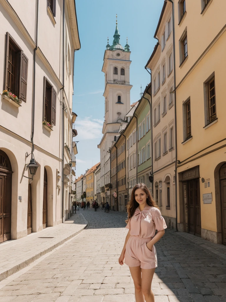 her name is Elle, high quality, 1girl, ((20-year-old fit Caucasian woman)), ((20 years old)), ((fit)), ((pale skin)), Beachy Waves dark hair , wearing Blush Pink Chiffon Bow-Tie Blouse + High-Waisted Tailored Shorts, pose: standing, background: Detail the blend of old and new in Bratislava's Old Town, with its pastel-colored buildings, medieval squares, and the futuristic UFO bridge over the Danube River.