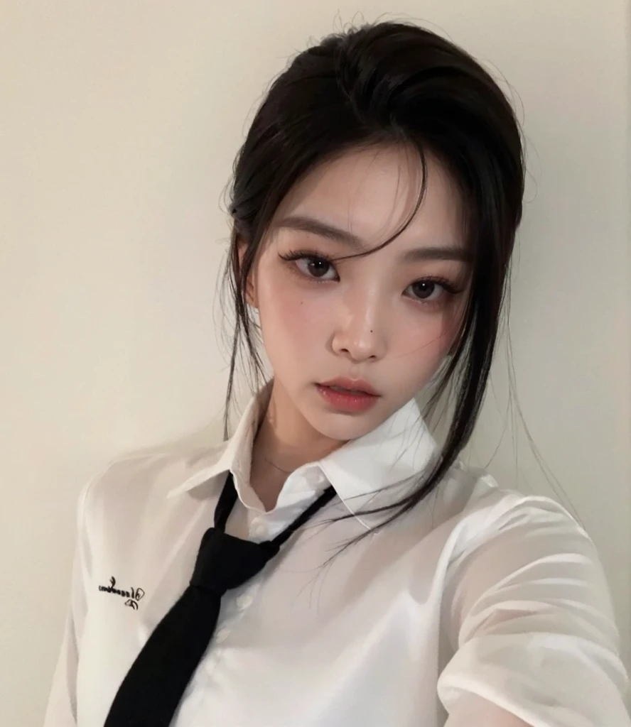 Jennie kim, black hair, messy and wavy, full lips, doll lips, large eyes.