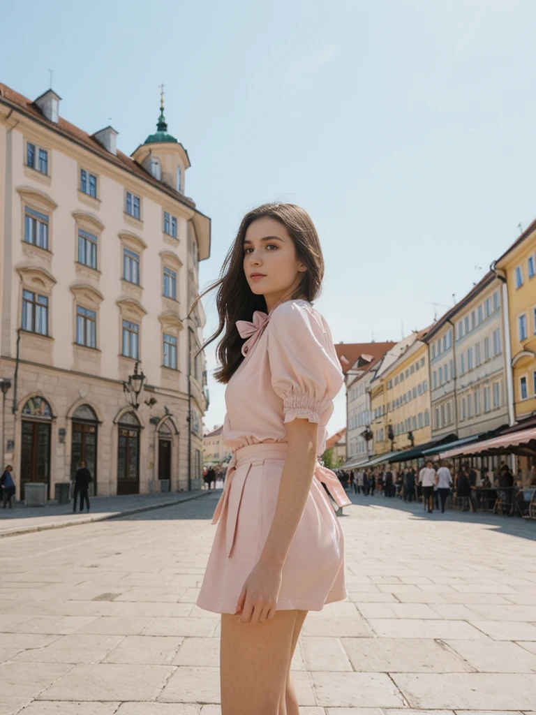 her name is Elle, high quality, 1girl, ((20-year-old fit Caucasian woman)), ((20 years old)), ((fit)), ((pale skin)), Beachy Waves dark hair , wearing Blush Pink Chiffon Bow-Tie Blouse + High-Waisted Tailored Shorts, pose: standing, background: Detail the blend of old and new in Bratislava's Old Town, with its pastel-colored buildings, medieval squares, and the futuristic UFO bridge over the Danube River.