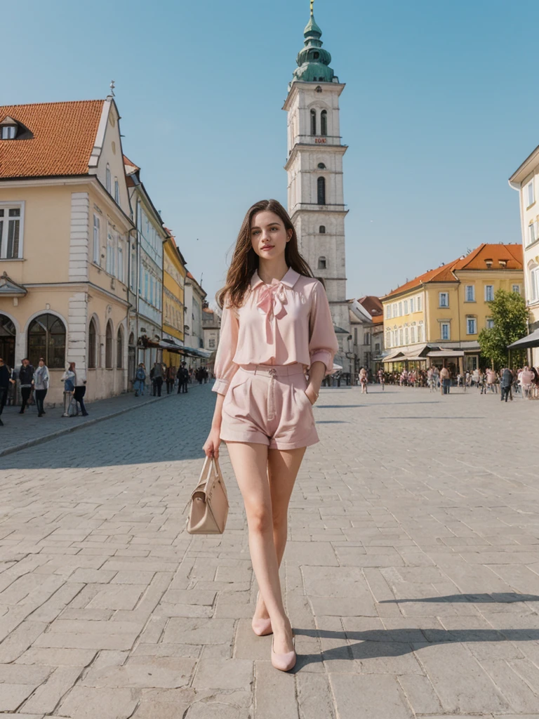 her name is Elle, high quality, 1girl, ((20-year-old fit Caucasian woman)), ((20 years old)), ((fit)), ((pale skin)), Beachy Waves dark hair , wearing Blush Pink Chiffon Bow-Tie Blouse + High-Waisted Tailored Shorts, pose: standing, background: Detail the blend of old and new in Bratislava's Old Town, with its pastel-colored buildings, medieval squares, and the futuristic UFO bridge over the Danube River.