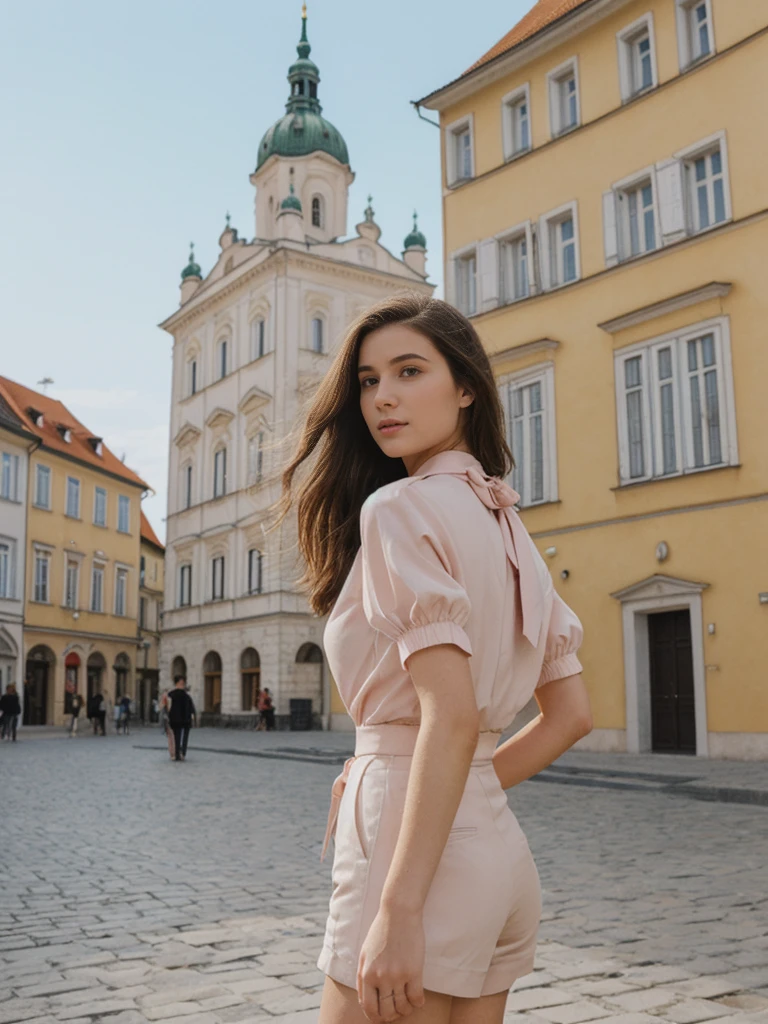 her name is Elle, high quality, 1girl, ((20-year-old fit Caucasian woman)), ((20 years old)), ((fit)), ((pale skin)), Beachy Waves dark hair , wearing Blush Pink Chiffon Bow-Tie Blouse + High-Waisted Tailored Shorts, pose: standing, background: Detail the blend of old and new in Bratislava's Old Town, with its pastel-colored buildings, medieval squares, and the futuristic UFO bridge over the Danube River.