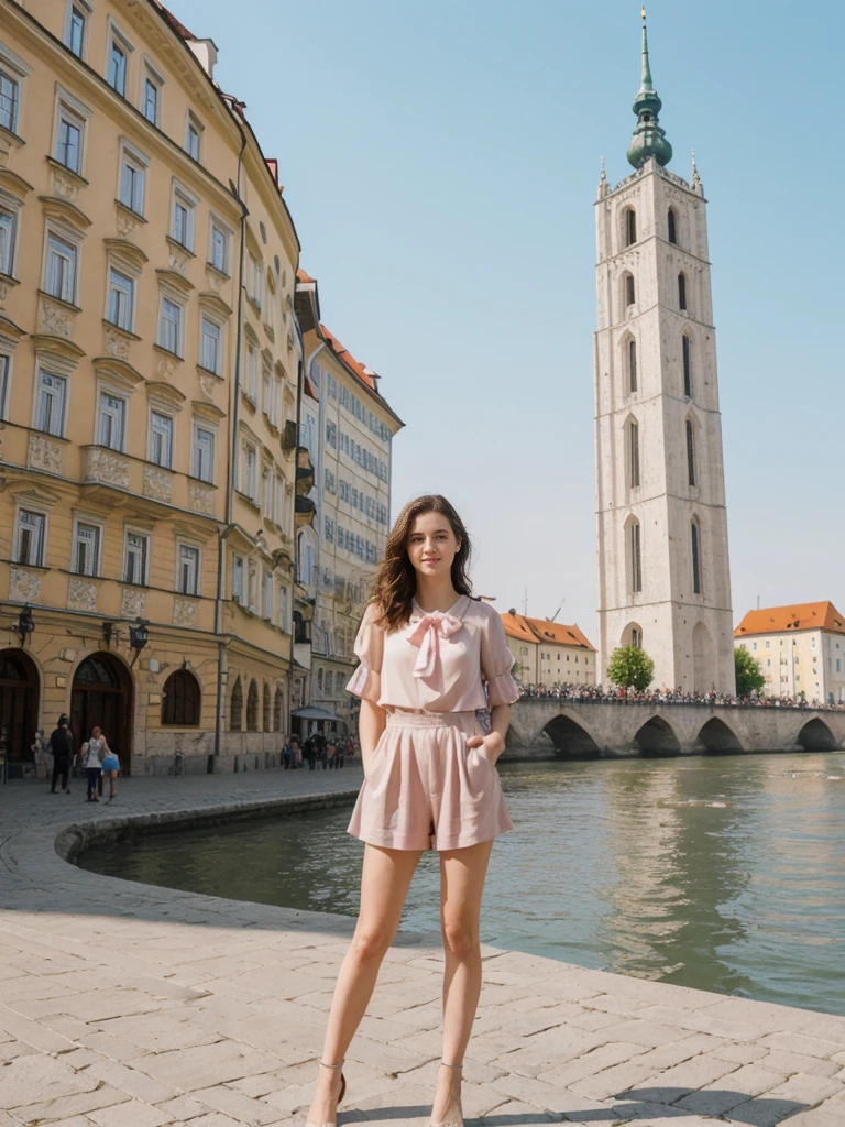 her name is Elle, high quality, 1girl, ((20-year-old fit Caucasian woman)), ((20 years old)), ((fit)), ((pale skin)), Beachy Waves dark hair , wearing Blush Pink Chiffon Bow-Tie Blouse + High-Waisted Tailored Shorts, pose: standing, background: Detail the blend of old and new in Bratislava's Old Town, with its pastel-colored buildings, medieval squares, and the futuristic UFO bridge over the Danube River.