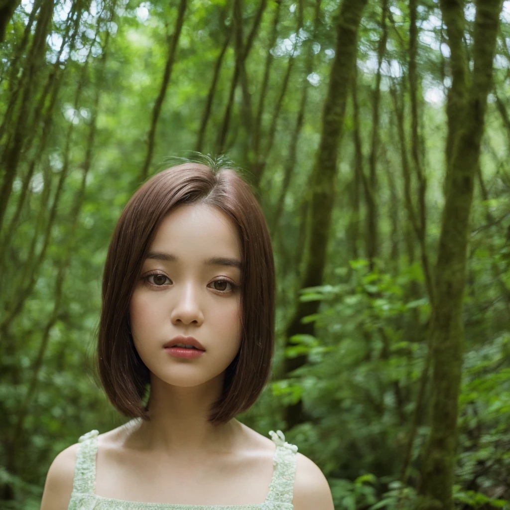 (((hd closeup photo))),one standing Anne-Marie Alto looking at camera,25 years old, in forest