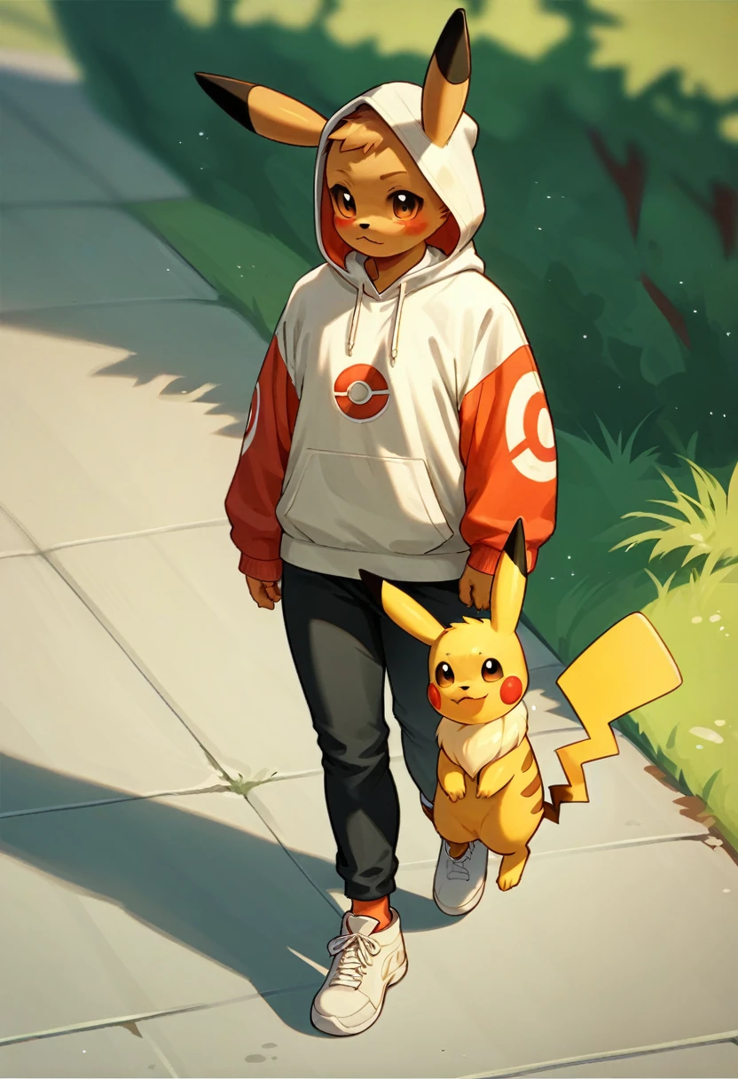 Pokémon,Pikachu wearing a hoodie, black pants and white shoes and Eevee wearing a hoodie walking on the road