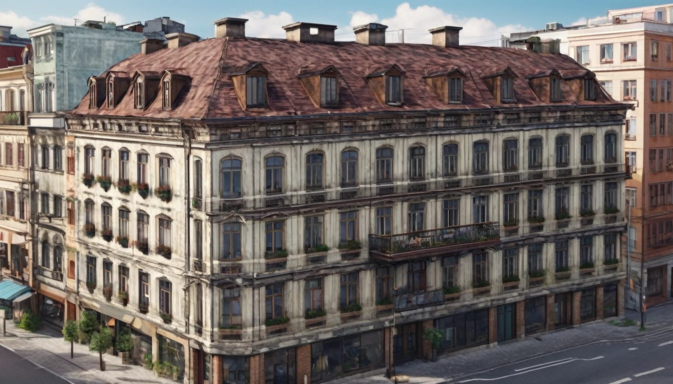 Image of an old 3-story building, in the center of the city  ,High resolution realistic image, 8K 