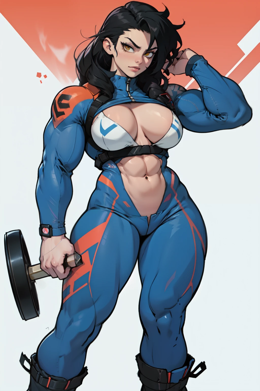 solo standing skintight ((muscular girl perfect anatomy)) toned body massive breasts yellow eyes black hair pale skin