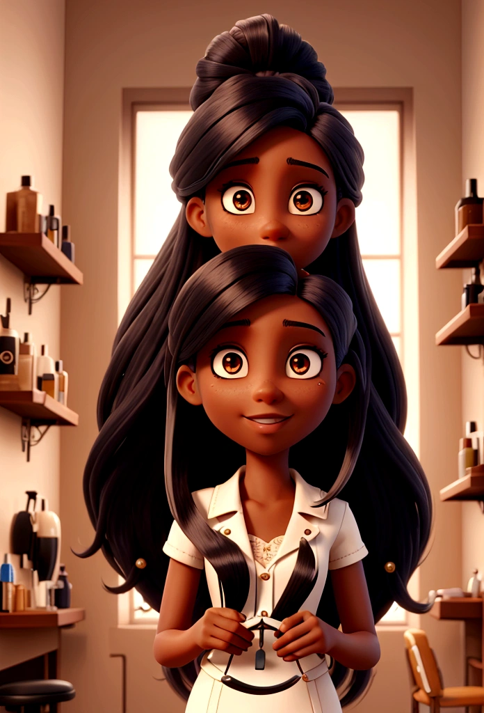 a hairdresser with dark skin, long hair and holding hair cutting scissors