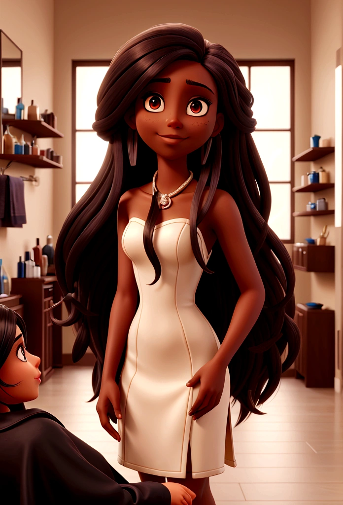 a hairdresser with dark skin, long hair and holding hair cutting scissors