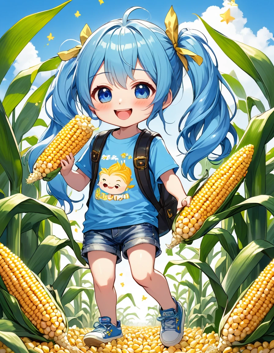 blue sky、White cloud、A field of corn、Light blue long hair、Cute chibi character with twin tails、Surrounded by corn, he is smiling happily and showing off his biggest smile.、A little character is eating corn、A kernel of corn on his cheek、Delicious smile、T-shirt and denim shorts