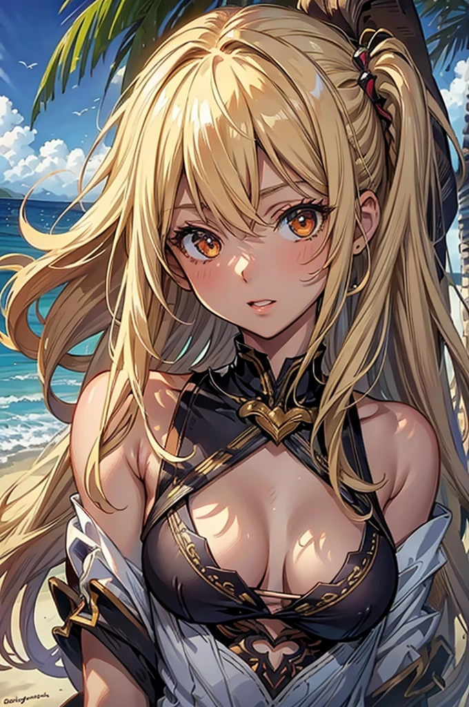 masterpiece, rich colors, Best quality, detailed, high resolution, Hyper quality, high detail, , high quality, detailing, skinny sexy girl on the beach , bright lighting , Brown eyes, Anime, palm trees, bright lighting, blonde,