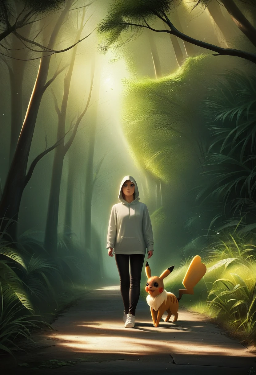 a pikachu wearing a hoodie, black pants, and white shoes, walking with an eevee wearing a hoodie, detailed, photorealistic, 8k, hyperrealistic, highly detailed, cinematic lighting, realistic textures, intricate details, beautiful colors, natural environment, lush greenery, winding path, warm lighting, atmospheric, stunning scenery, masterpiece