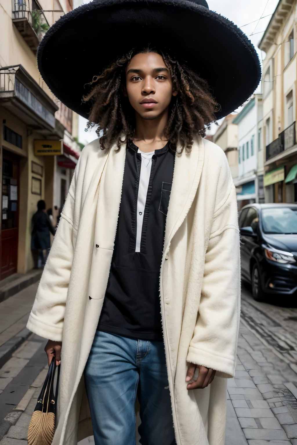 Young black man with big eyes, very fine hair and high curly hair, wearing a big blanket and a hat . he is walking on the streets of Avenida Nazaré in Belém do Pará