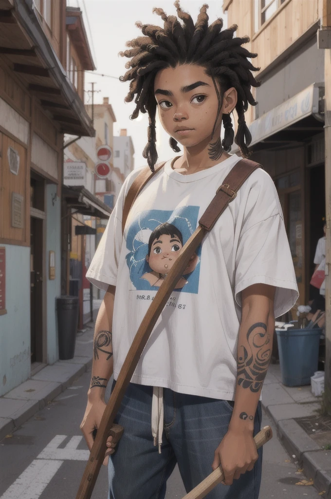 with very loose street style clothes and white skin, short black dreads in hair and holding an ax with wooden handle, a little chubby with just a tattoo on her left arm, in a city