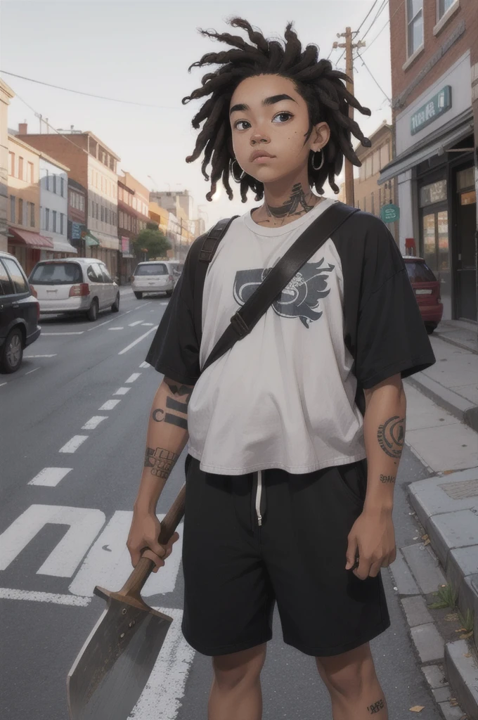  16 year old with very loose street style clothes and white skin, short black dreads in hair and holding an ax with wooden handle, a little chubby with just a tattoo on her left arm, in a city