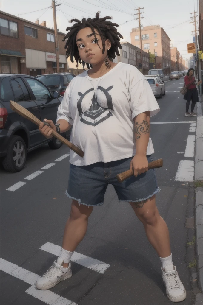 16 year old with very loose street style clothes and white skin, short black dreads in hair and holding an ax with wooden handle, a little chubby with just a tattoo on her left arm, in a city