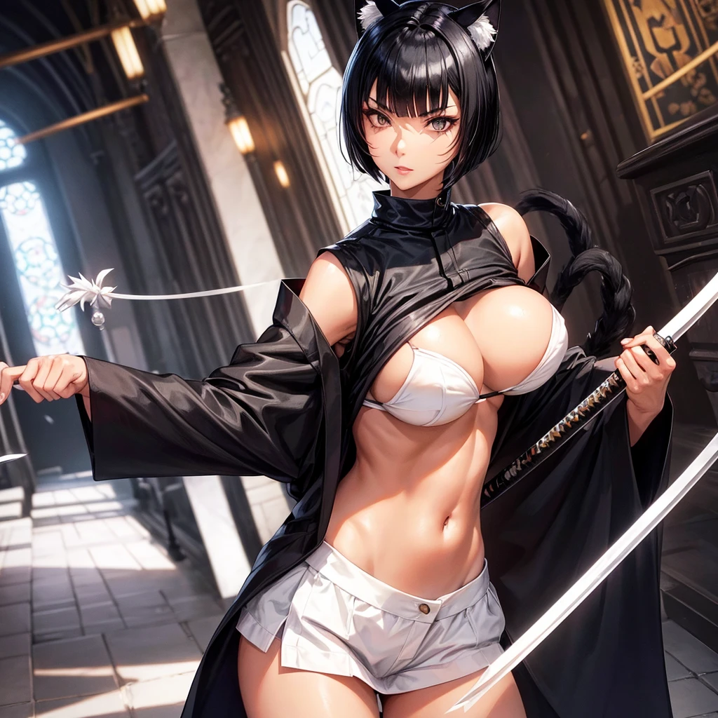 Mature woman, tanned skin, black cat ear, black cat tail, black bob hair, white-black eyes!!!, sexy white kimono, white katana, authoritarian look. (White cathedral interior)