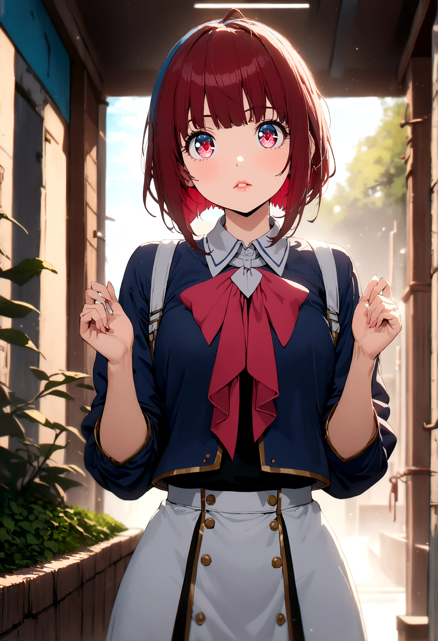 Masterpiece to the smallest detail、top-quality、1girl in、Solo looks 12 years old、150cm petite beautiful girl、small tits、12-year-old baby face、red hairs、Gradient bob in the forward、Pink and violet mesh、red eyes、Red eyes、Tall, big eyes、Outstanding looks、A lovely child、proximity、closed_mouth、a smile、red blush、full of shyness、blue headwear、Hats、pink bowtie、校服、 Blue jacket、jaket、skirt by the、Gray skirt shirt、white shirt、an legs、Black socks、sitting on、Classroom、hair_ornament、looking_at_viewer、beatiful detailed eyes、Akame、panties on、lift up one's skirt、Professional effects、