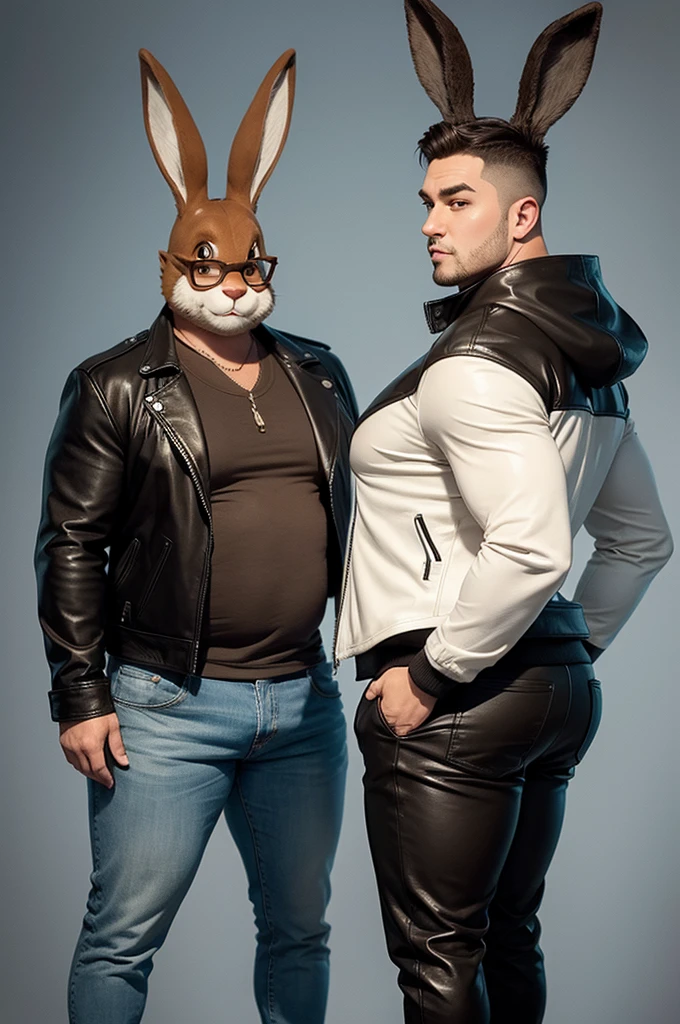 an anthropomorphic hare, semi realistic cartoon version with a big  and fat male character, wearing a leather jacket. 