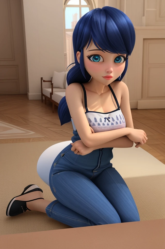 (8k, RAW photo, best quality, masterpiece:1.2), (intricate details), perfect eyes, perfect face, perfect lighting, beautiful, (masterpiece:1.2), (best quality:1.2), 1girl, solo, Marinette, blue hair, ((long loosen hair)), adult torso, 19 years old, slight smile, huge sized breasts, ( pink dress), cowboy shot, 3DMM, seated, front view