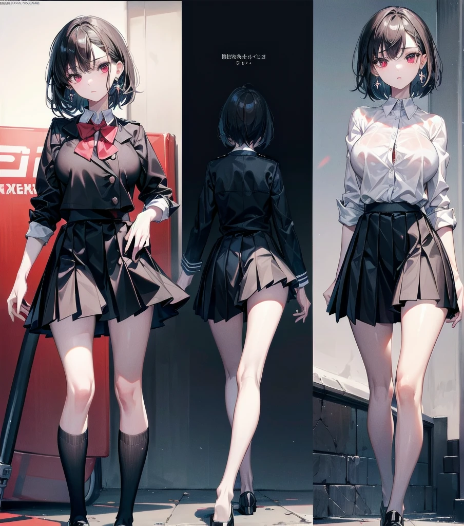 absurdres, RAW photo, extremely delicate and beautiful, masterpiece, Best Quality, ultra high resolution, 32k, hyperrealistic, ultra-detailed, perfect anatomy, super Detailed skin, perfect figure, in her 20s, very Slim body, narrow waist, very small head, very small face, delicate facial features, tearful mole, earring, thin legs, very huge round breasts, full body shot, medium hair, black hair, ((school_uniform)),