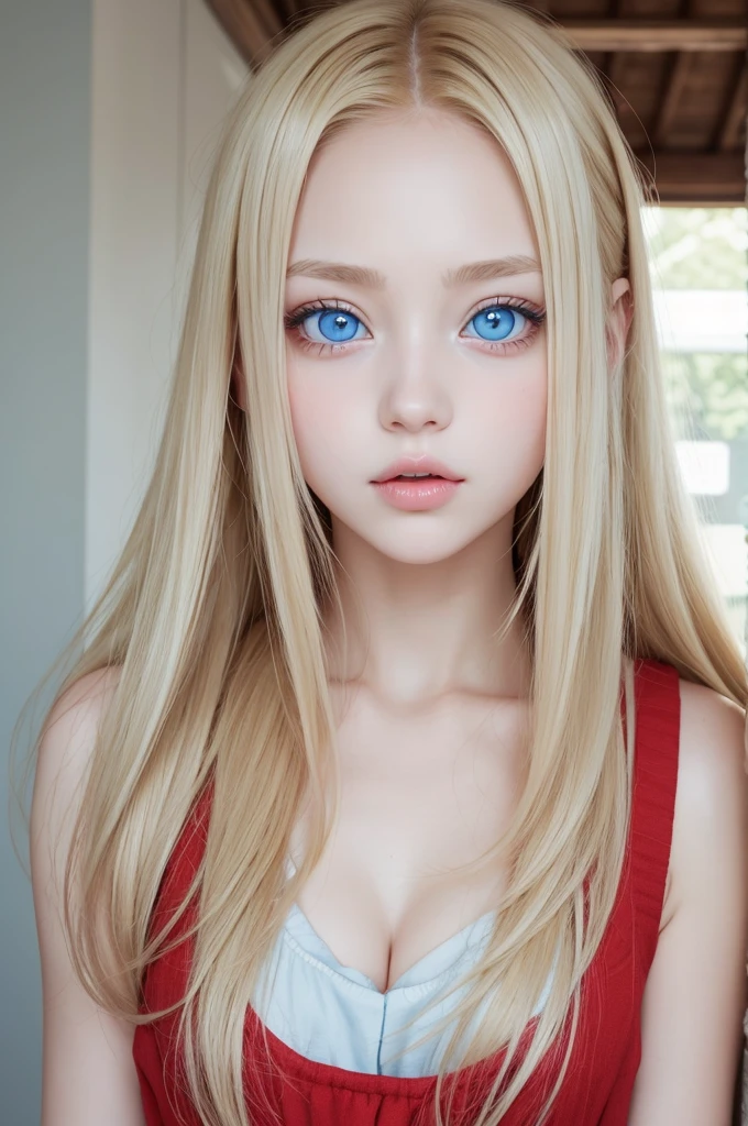 Beautiful girl with big, slanted eyes blond hair light blue eyes big round red mouth pale skin