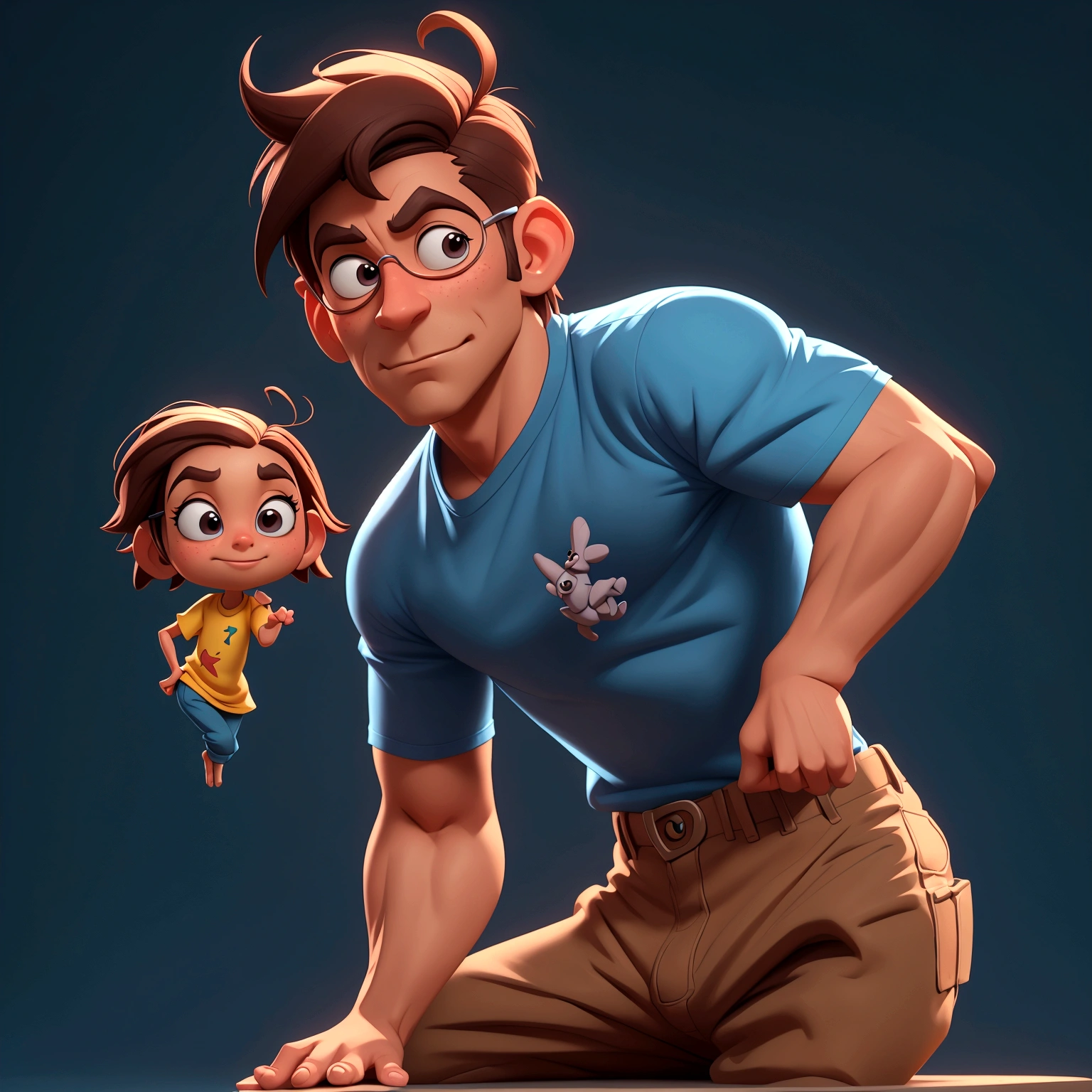 Cartoon character of a boy in a blue shirt and brown pants, an animated character, stylized character, animation style rendering, 3d stylized, Arnold Maya rendering, Stylized 3D rendering, toon render screenshot, 3d character, 3d character, Stylized 3D rendering, 3D character rendering, cartoon character, Personagem de close up, character posing, (Pixar-style) (master part:1.2) (bokeh) (best qualityer) (skin detailed) (detailed texture) (8K) (Argilla) (cinematic lighting) (sharp focus,Sit down and lift your upper body