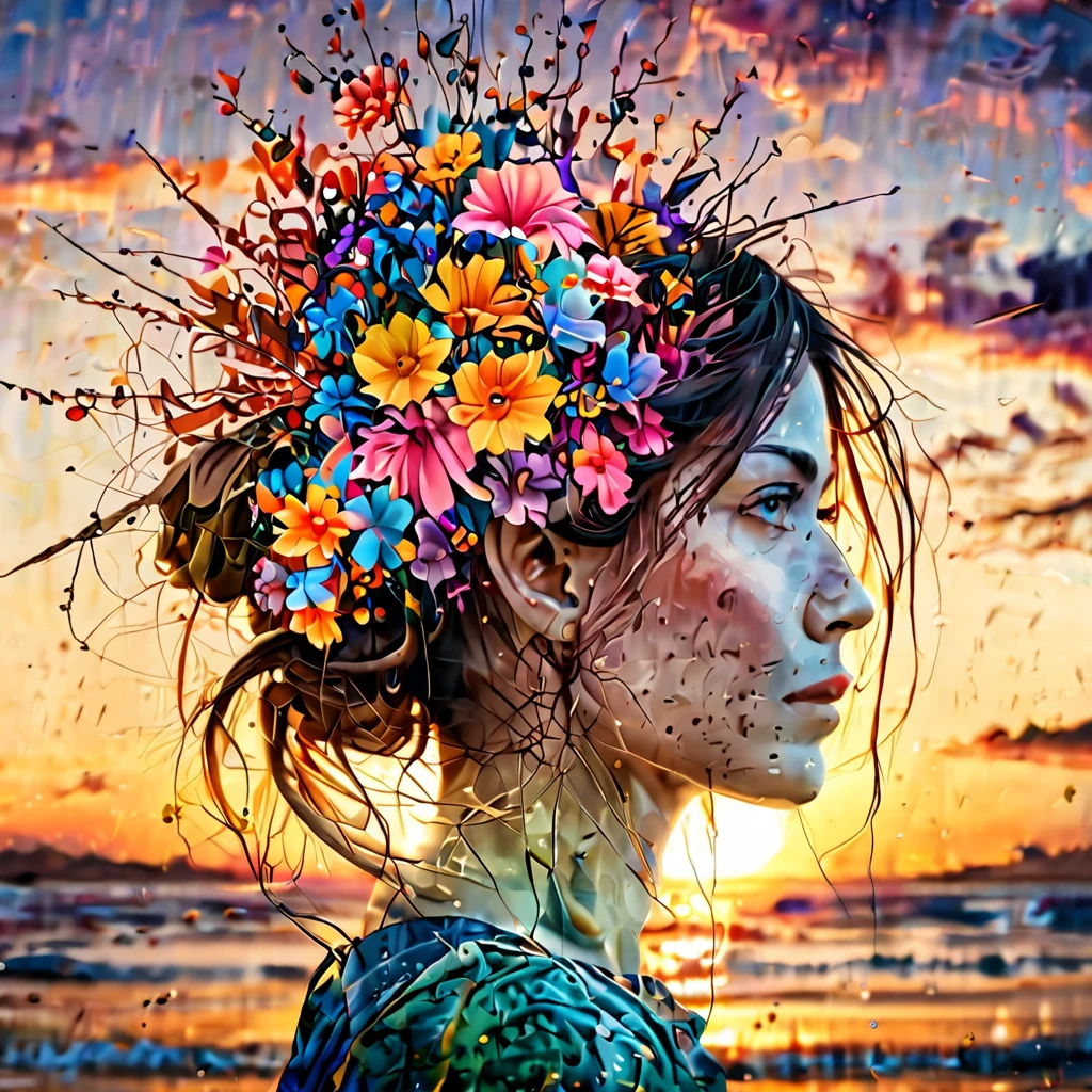 Digital fantasy double exposure one person only facing looking at the camera watercolor fairytale Illustration which is a double exposure of a summerscape sunset, by Waterhouse, Carne Griffiths, Minjae Lee, Ana Paula Hoppe, Stylized watercolor art, Intricate, Complex contrast, HDR, Sharp, soft Cinematic Volumetric lighting, flowery fractal colours, wide long shot, perfect masterpiece, upper lip properly formed