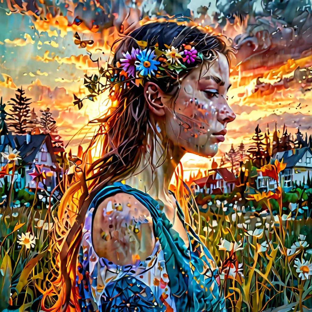 Digital fantasy double exposure one person only facing looking at the camera watercolor fairytale Illustration which is a double exposure of a summerscape sunset, by Waterhouse, Carne Griffiths, Minjae Lee, Ana Paula Hoppe, Stylized watercolor art, Intricate, Complex contrast, HDR, Sharp, soft Cinematic Volumetric lighting, flowery fractal colours, wide long shot, perfect masterpiece, upper lip properly formed