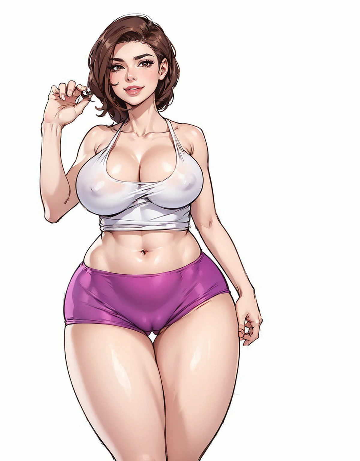 a beautiful woman artwork ultra detailed artwork, woman 32 years old beautiful face whim,very well lit perfect skin beautiful mouth lipstick mischievous smile, face,ultra detailed dark brown hair.Natural brightness,very hot perfect body ,very hot huge brea breastsuge,Slim waiships,perfect leg ,She wears very tight white transparent lycraawing curves( big cameltoe pussy buceta volume big pussy )red strapwith white polka dots sqng her immense breasts